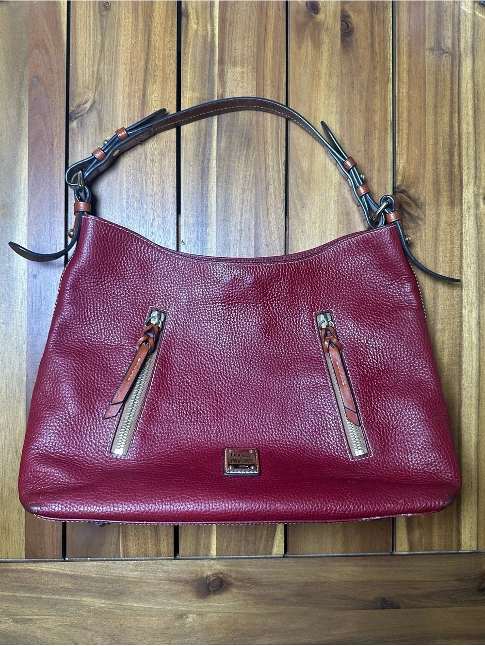 Dooney & Bourke Burgundy Cooper Pebbled Leather Hobo with Tan Accents
